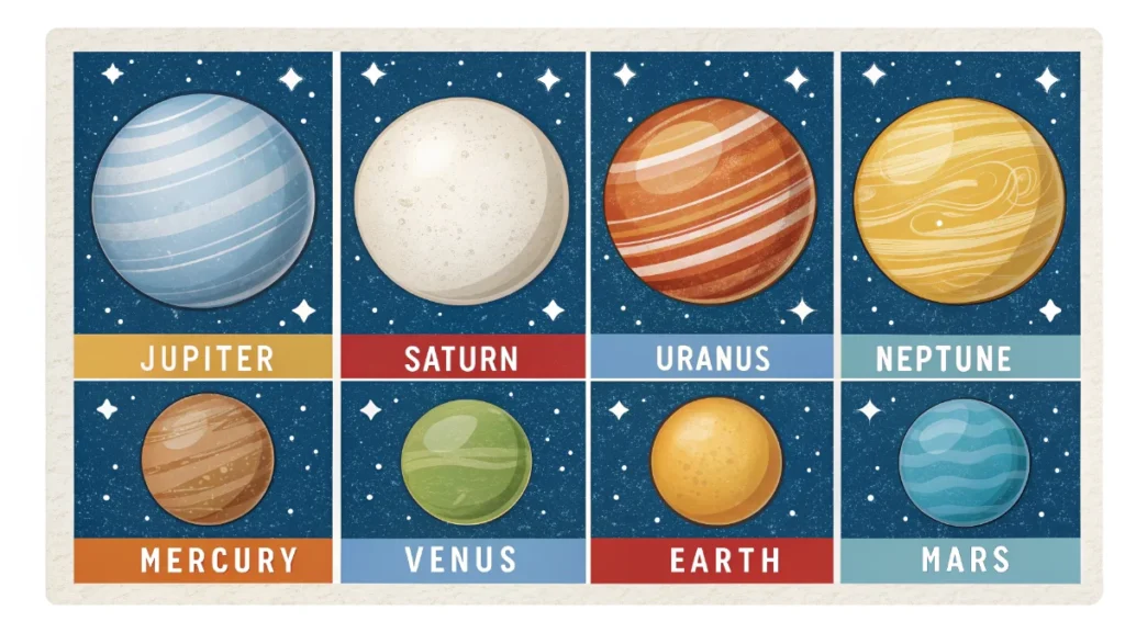 Colorful illustration showing each planet color with labels Mercury gray Venus yellow Earth blue Mars red