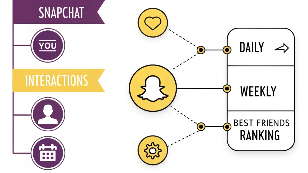 Diagram showing how Snapchat algorithm calculates best friends based on snap frequency and chat interaction