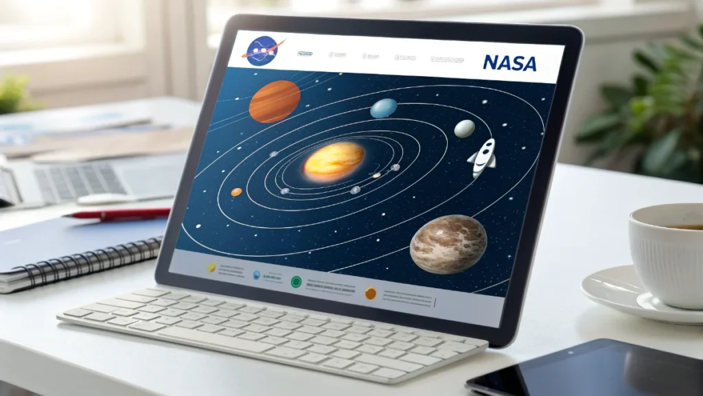 NASA solar system exploration educational resources website interface showing interactive planet models and tools