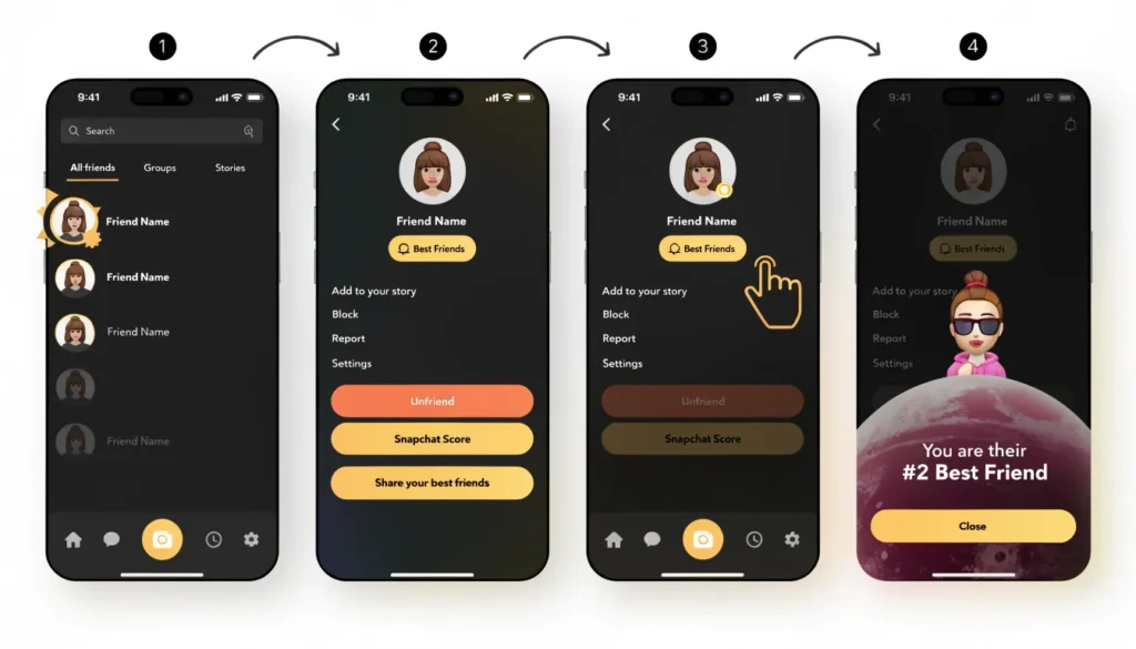 Snapchat profile showing best friends badge with gold ring to check planet order position tutorial