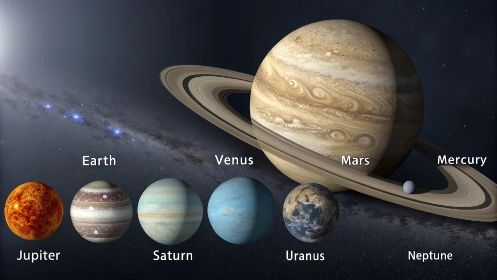 Solar system planets from biggest to smallest showing Jupiter Saturn Uranus Neptune Earth Venus Mars Mercury