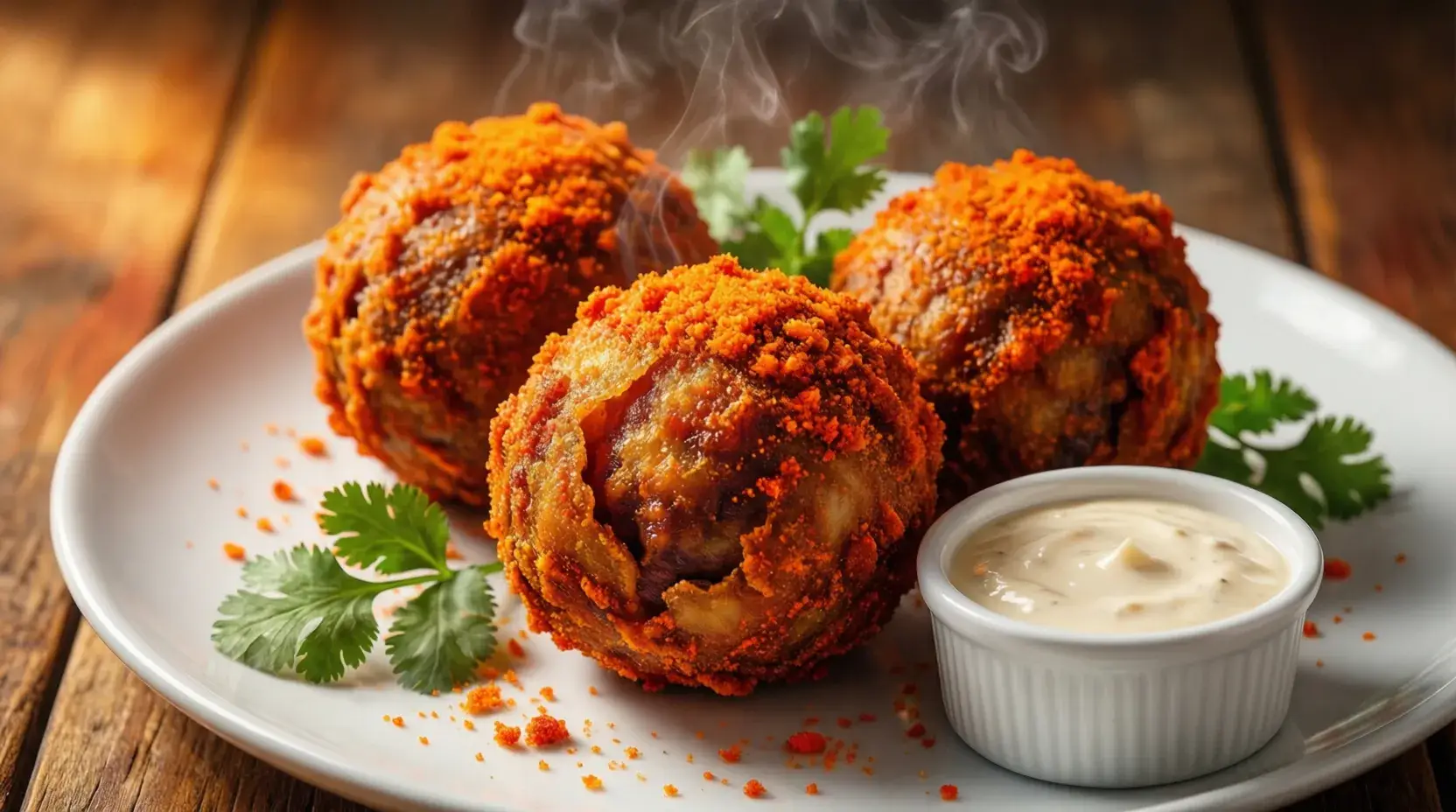Crispy boudin balls with Hot Cheetos coating on white plate with dipping sauce