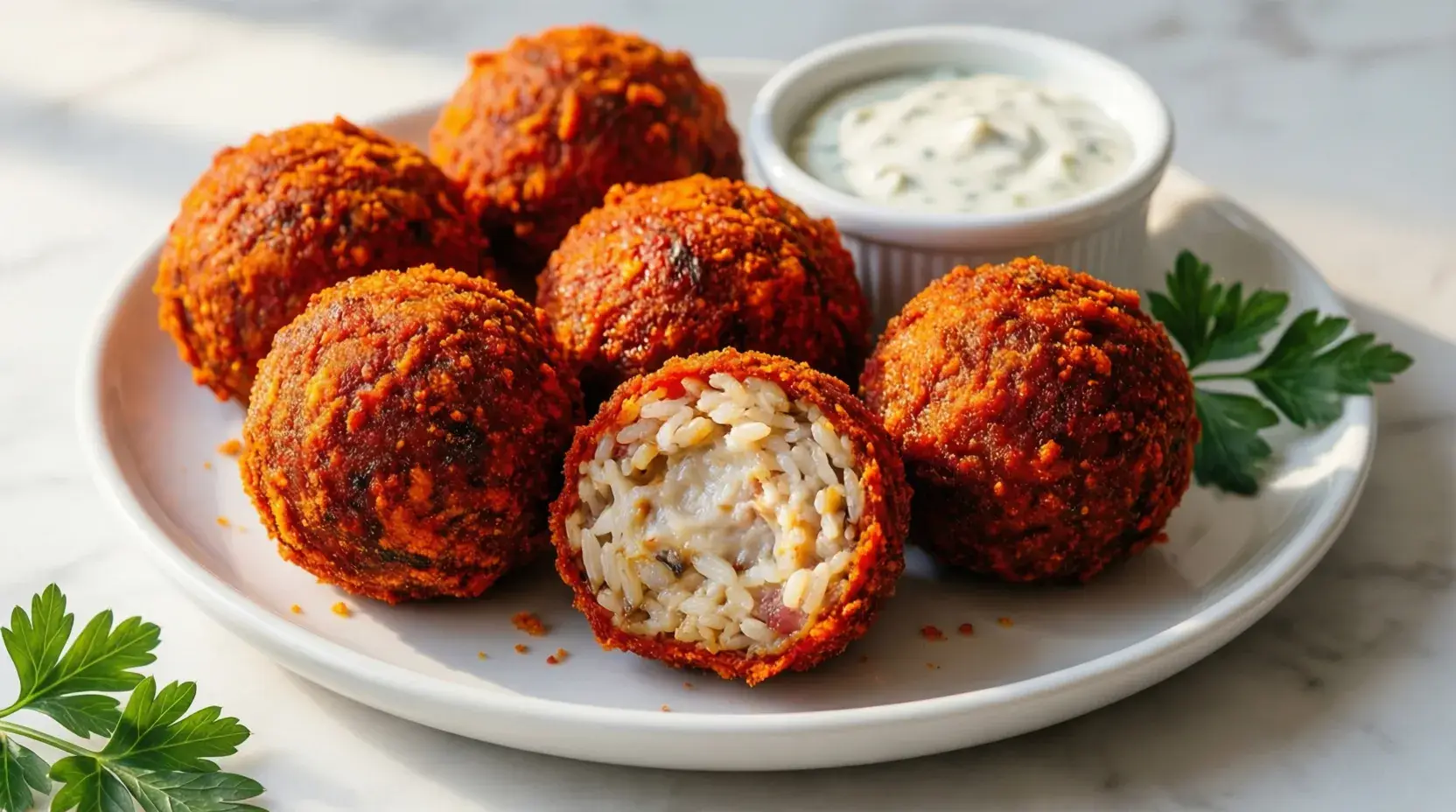 Hot cheeto boudin balls recipe with crispy red coating on white plate with dipping sauce