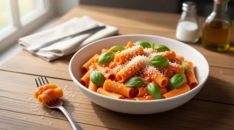 Spicy rigatoni vodka in white bowl with creamy pink sauce and fresh basil garnish