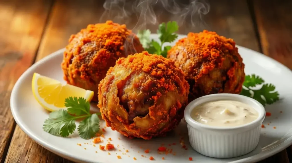 Three-station breading setup for making boudin balls with Hot Cheetos coating