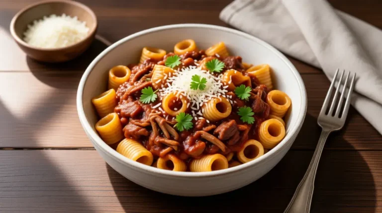 Braised short rib lumache pasta with rich tomato sauce and pecorino cheese in rustic bowl