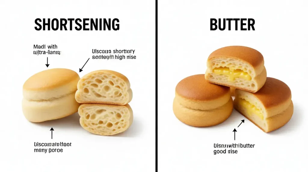  Comparison of shortening versus butter for buttermilk biscuit recipe showing texture differences
