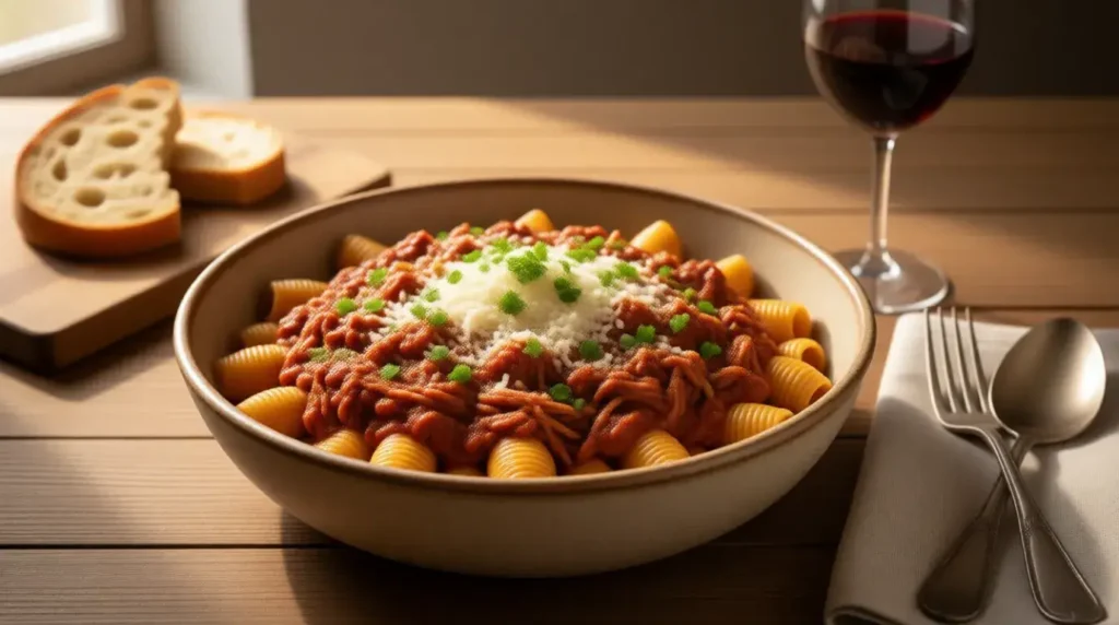 Complete braised short rib lumache dinner with fresh parsley and pecorino cheese garnish