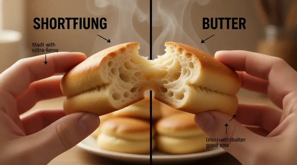  Hands pulling apart fresh Brenda Gantt 3-ingredient biscuit showing fluffy interior layers