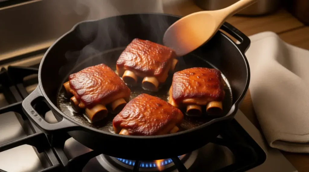 Seared short ribs browning in Dutch oven showing caramelized crust formation